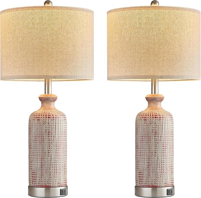 Living Room Lamps Set of 2, 27" Touch Lamps for Nightstand with USB A+C Ports, Modern Farmhouse Table Lamps for Bedroom, Red and White