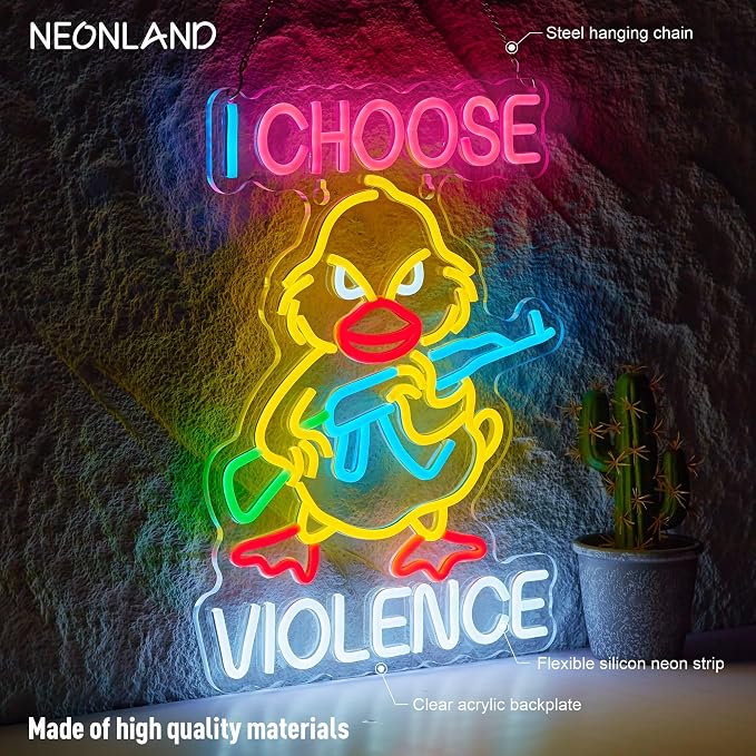 I Choose Violence Duck Neon Sign Goose Gun LED Light AK 47 Decor, USB Powered Dimmable Morale Art Signs for Pub Store Man Cave Room 16.5 X 12.6 inch