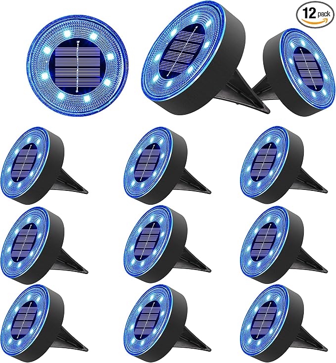 Joomer Solar Ground Lights Outdoor Waterproof, 12 Pack 8 LED, Blue | Solar Powered Garden Lights Disc Landscape Lighting Outdoor for Patio Pathway Lawn Yard Driveway Walkway outside