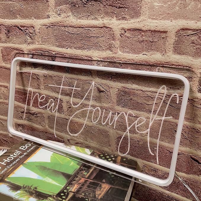 Treat Yourself Neon Sign for Wall Decor, Led Light Neon Signs with Dimmer for Bar Club Windows Cafe Bedroom Room Indoor Aesthetic Decoration Wedding Birthday Party Gifts , USB Powered Warm White Sign 15.8 x 7.9 Inch