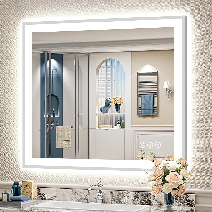40x36 Inch Brushed Nickel LED Bathroom Mirror, Backlit & Front Lit | Silver Framed Anti-Fog Lighted Vanity Mirror with Lights, 3 Color Dimmable, Memory, HD Tempered Glass, CRI95, IP54, UL Listed