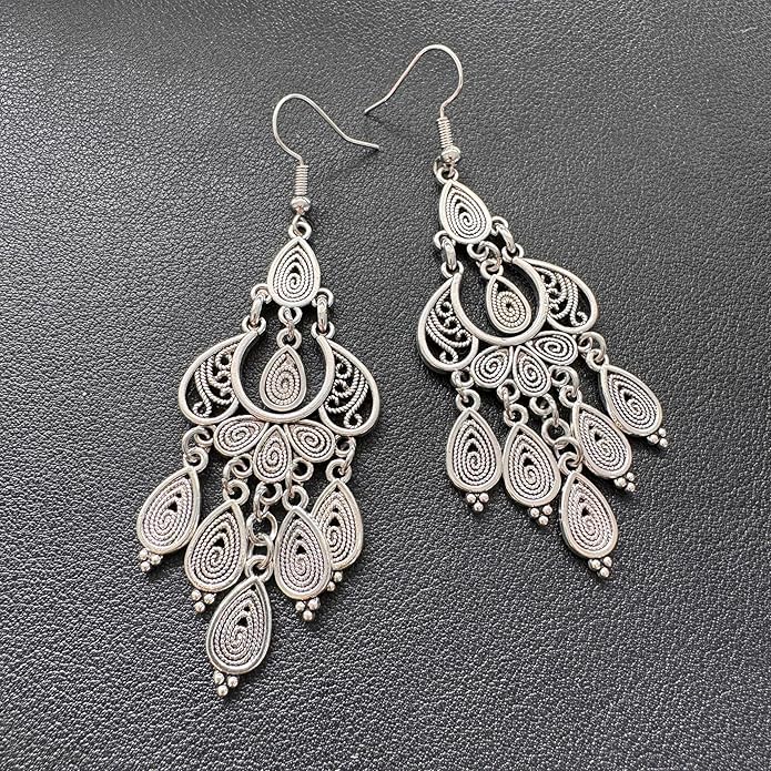 Unique Bohemian Vintage Bronze Chandelier Teardrop Flower Geometry Dangle Drop Earrings For Women