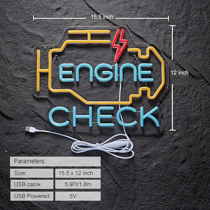 Check Engine Neon Sign for Garage Wall Decor Check Engine Neon Signs Car Auto Repair Workshop Sign with Dimmable USB Powered Signs Décor (15.5X12in)