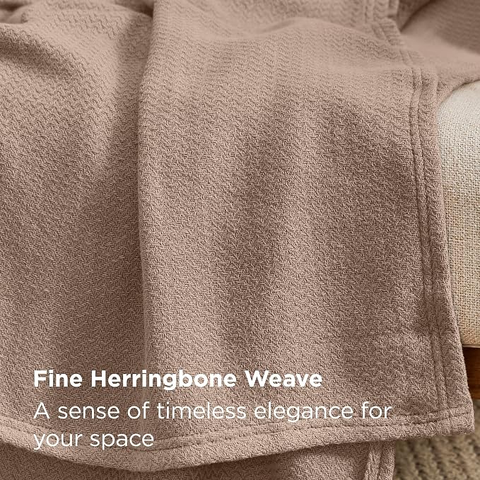 Bedsure GentleSoft 100% Cotton Blanket Queen Size for Bed - Cooling Breathable and Lightweight, Soft Cozy Textured Herringbone Woven Summer Blanket for Home Decor, Coffee Brown, 90x90 inches