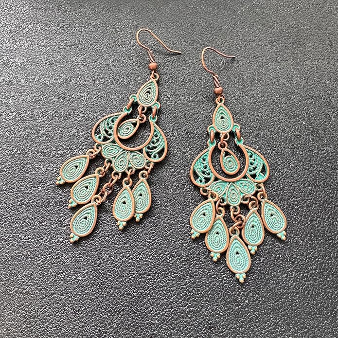 Unique Bohemian Vintage Bronze Chandelier Teardrop Flower Geometry Dangle Drop Earrings For Women