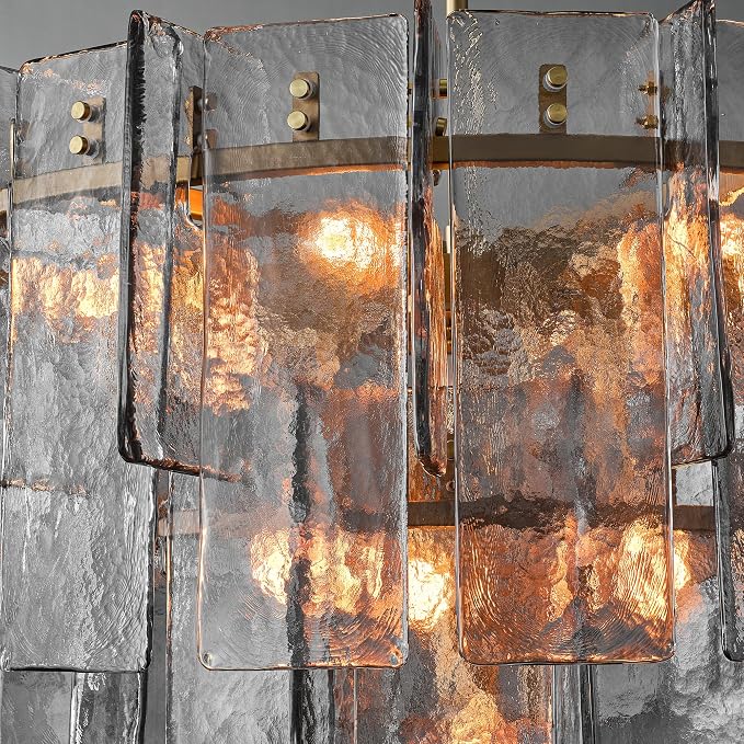 36" Extra Large Tiered Smoked Clear Textured Glass Chandelier, 10-Light Modern Pendant Lighting with E26 Sockets, 56" Adjustable Rods, Ceiling Fixture for Dining Room, Living Room, Foyer (Gold)