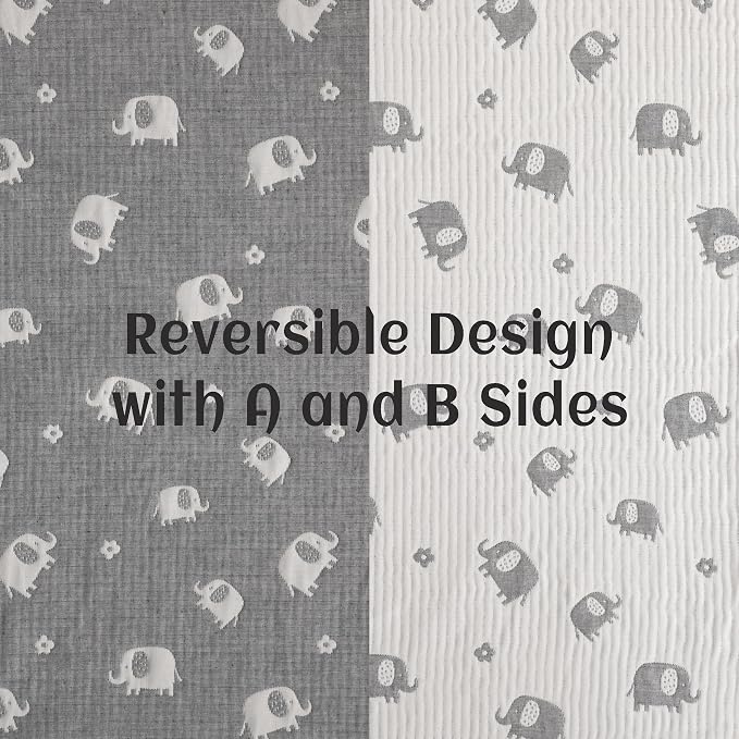 NTBAY 3 Layer Oversized Muslin Toddler Blanket, 45 x 60, Dark Grey Elephant | Muslin Cotton Outer Layers with Light Thermal Fiber Fill, Reversible Blanket for Daycare, Travel, Naps, and Supervised Use