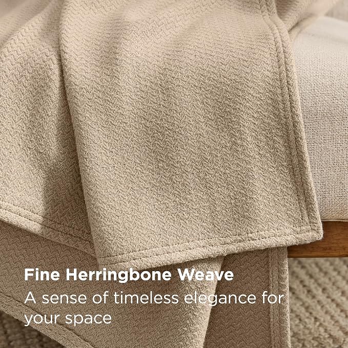 Bedsure GentleSoft 100% Cotton Blanket Twin XL Size for Bed - Cooling Breathable and Lightweight, Soft Cozy Textured Herringbone Woven Summer Blanket for College Dorm, Khaki, 66x90 inches