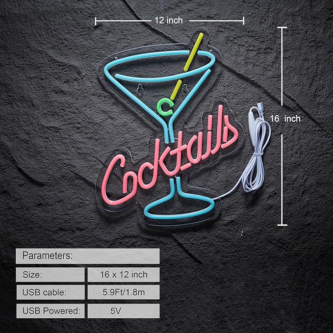 Cocktails Bar Neon Sign for Wall Décor Bar Beer Cocktil Neon Signs with Dimmer for Man Cave Wall Sign Decor(16X12inches)