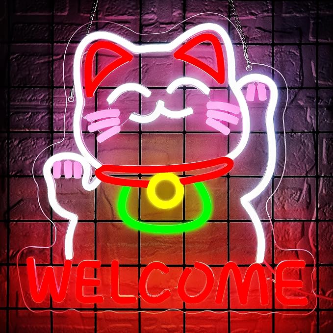 Welcome Cat Neon Sign for Wall Decor Lucky Cat Neon Light for Japanese Cave | Dimmable Neon,Birthday Japanese Gifts,Led 5V USB Powered,Bar,Resturant,Party,Pub Decor,Business Shop Wall Art,13*13in