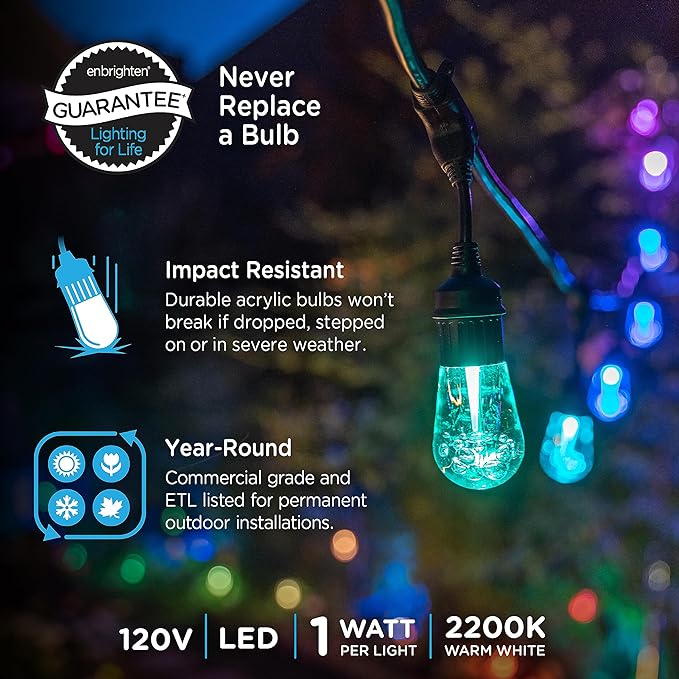 Enbrighten Vintage Outdoor String Lights, 48ft, 24 Bulbs, Remote Control | Coloring Changing LEDs, Weatherproof, Shatterproof Acrylic Bulbs, Drop Cord, Easy Install Keyholes, Linkable up to 750ft