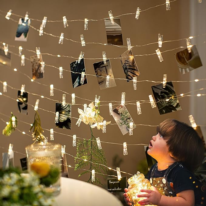 Photo Clips String Light,33FT Fairy Lights with 51 Clips, Battery Operated String Lights with Clips for Pictures, Room Decorations for Dorm Wall Bedroom Wedding Christmas Tree (Clear Clips)