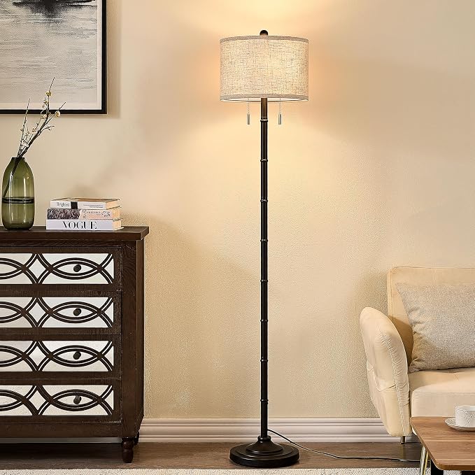 Upgraded 2-Light Mid Century Modern Black Floor Lamp for Living Room | 63.5'' Tall Floor Lamp with 3 Color Temp Bulbs, Living Room Lamp with Chain Switch, Standing Lamp for Bedroom, Office, Corner
