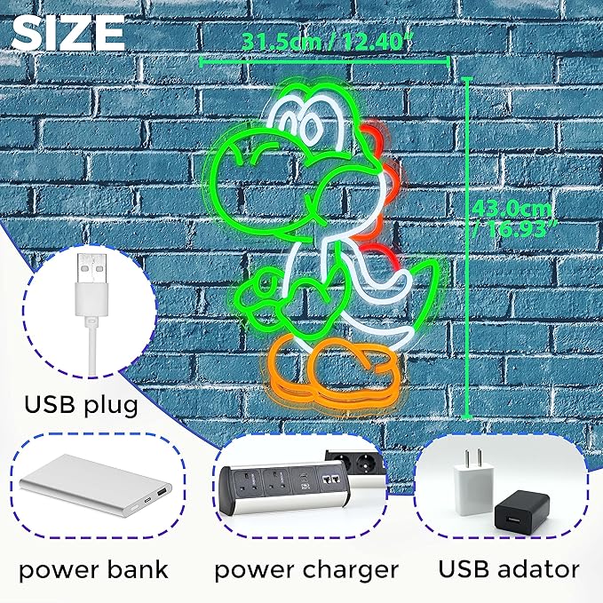 Anime Neon Sign Dinosaurs Neon Sign Dimmable LED Neon Lights for Bedroom Wall Decor Game Room Decor Mario Decor for Kids Boys Man Cave, Gifts for Mario Fans