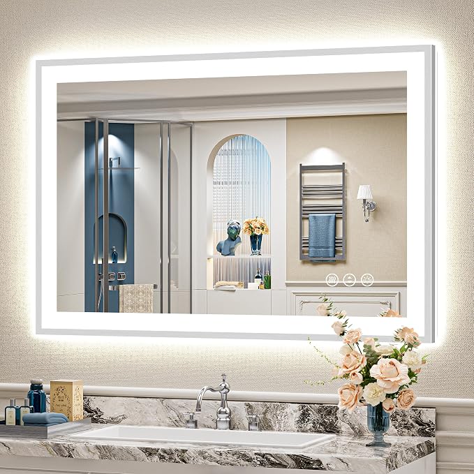 44x30 Inch Brushed Nickel LED Bathroom Mirror, Backlit & Front Lit | Silver Framed Anti-Fog Lighted Vanity Mirror with Lights, 3 Color Dimmable, Memory, HD Tempered Glass, CRI95, IP54, UL Listed