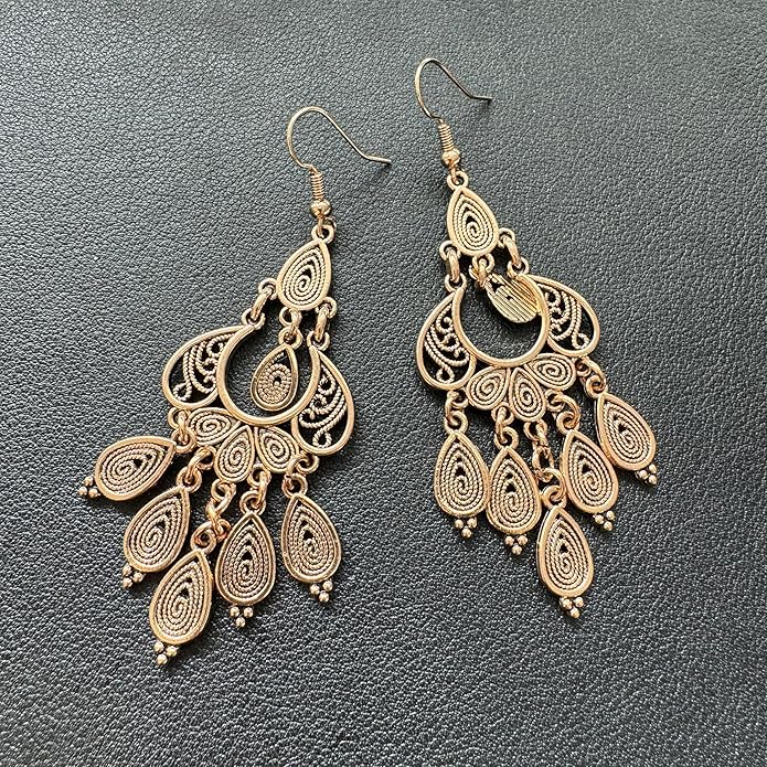 Unique Bohemian Vintage Bronze Chandelier Teardrop Flower Geometry Dangle Drop Earrings For Women