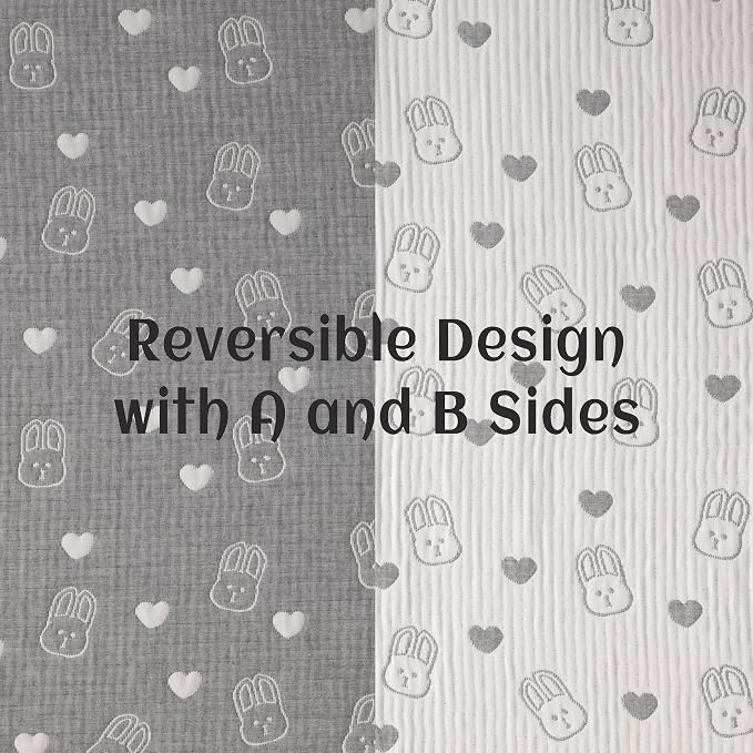 NTBAY 3 Layer Muslin Toddler Blanket, 30 x 40, Dark Grey Rabbit | Breathable Muslin Cotton Outer Layers with Light Thermal Fill, Reversible for Stroller, Daycare, Travel, and Supervised Use