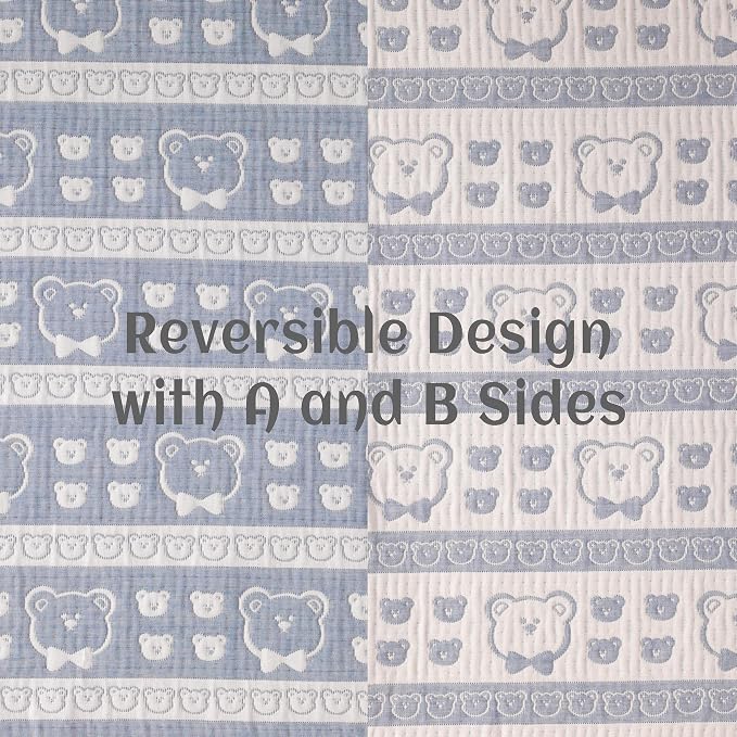 NTBAY 3 Layer Oversized Muslin Toddler Blanket, 45 x 60, Blue Bear | Muslin Cotton Outer Layers with Light Thermal Fiber Fill, Reversible Blanket for Daycare, Travel, Naps, and Supervised Use