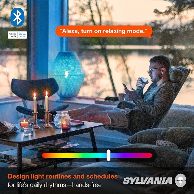 Sylvania Smart+ Bluetooth Mesh 60W Equivalent A19 LED Light Bulb, Full Color and Dimmable White, Compatible with Alexa, 2 Pack
